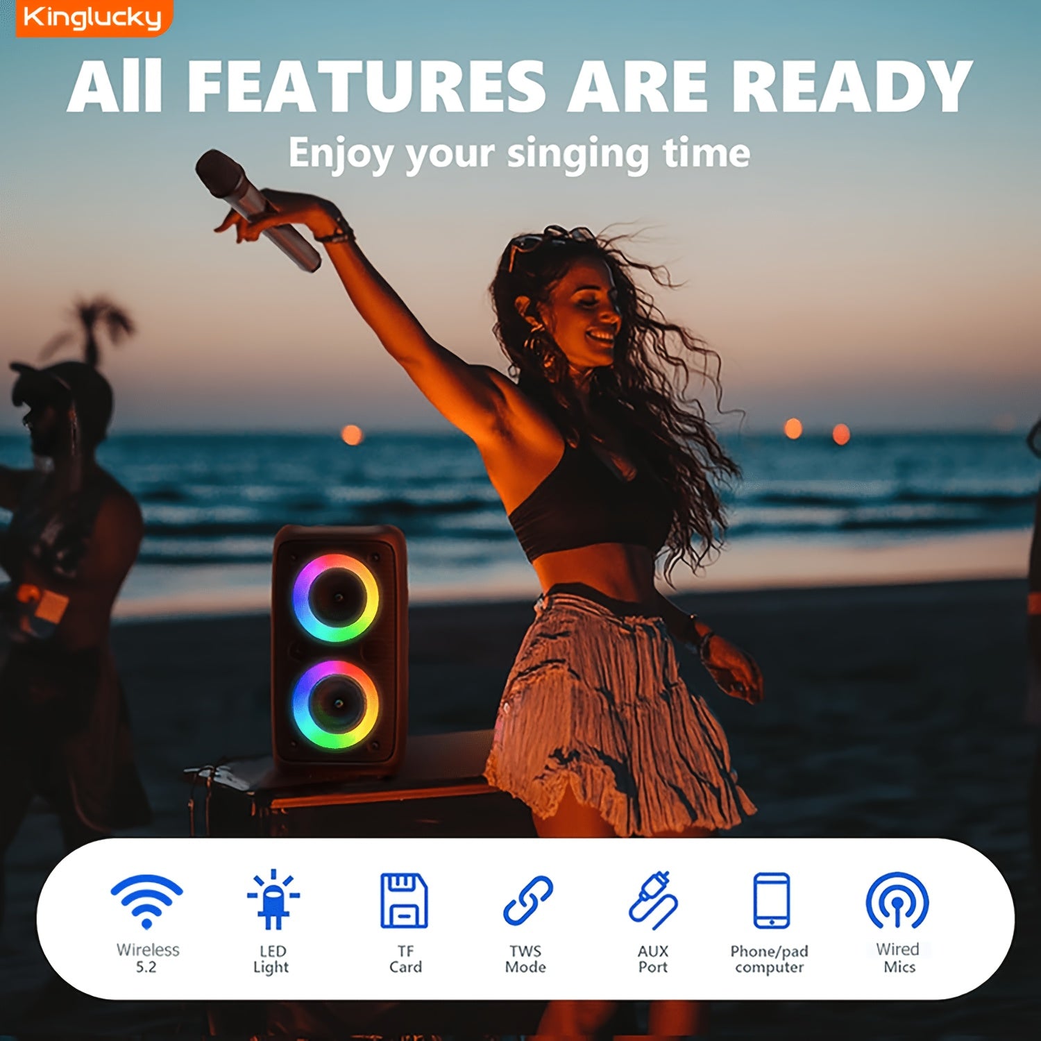 Kinglucky Wireless Speaker with Microphone, Large Speaker, Portable Speaker, Subwoofer, Outdoor Wireless Speaker, for Party Disco Lights, TWS, TF, AUX, MIC, Suitable for Party Use, Outdoor Events & Family Singing