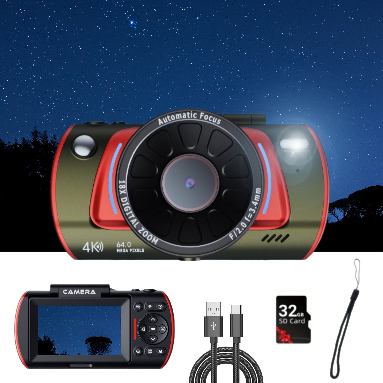 [4K Vlogging Camera] 4K 48MP Digital Camera | Vlogging Camera with 16X Zoom, 3" 180° Flip Screen, Auto Focus & Anti-Shake | Compact Travel Camera for Youtube, Live Streaming, Beginners - Includes 32GB SD Card & Additions
