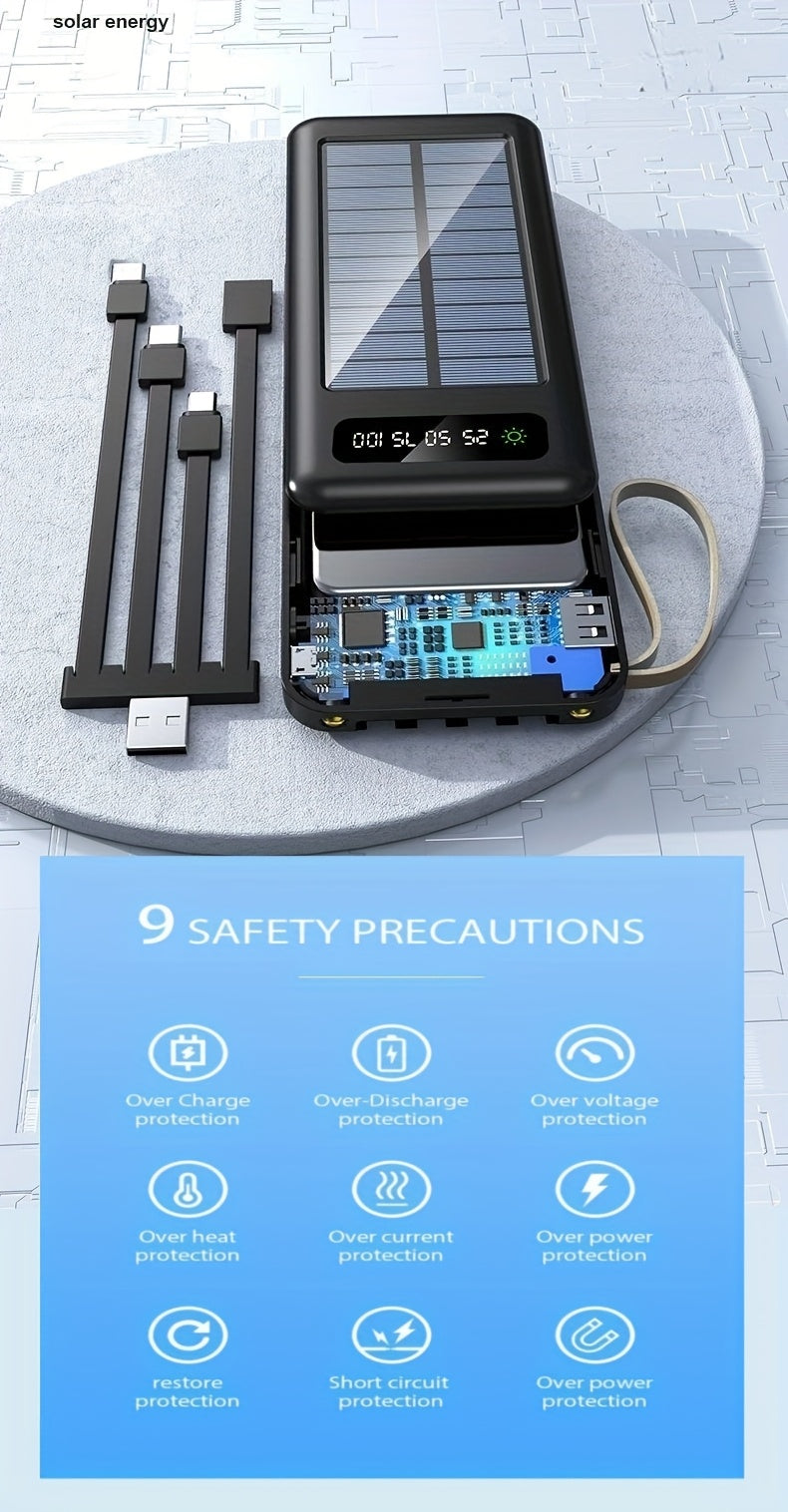 10000/20000/30000mAh 5W Slow Charging/15W Fast Charging Multifunctional Solar Power Bank With Ultra-bright LED Light, Large Capacity Rechargeable Portable Mobile Phone Charger Built-in 4 Cables Digital Display Dual Usb Port USB-C Input