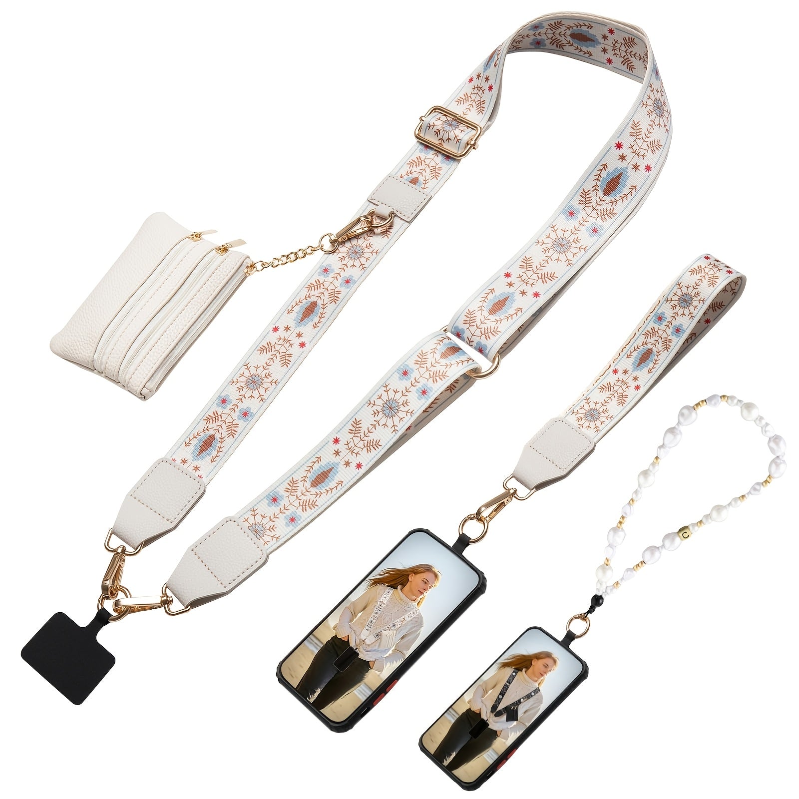 Phone Lanyard, Adjustable Phone Strap with Zipper Pouch, with Beaded Phone Charm Lanyard, Universal Cell Phone Crossbody Compatible with Most Smartphones