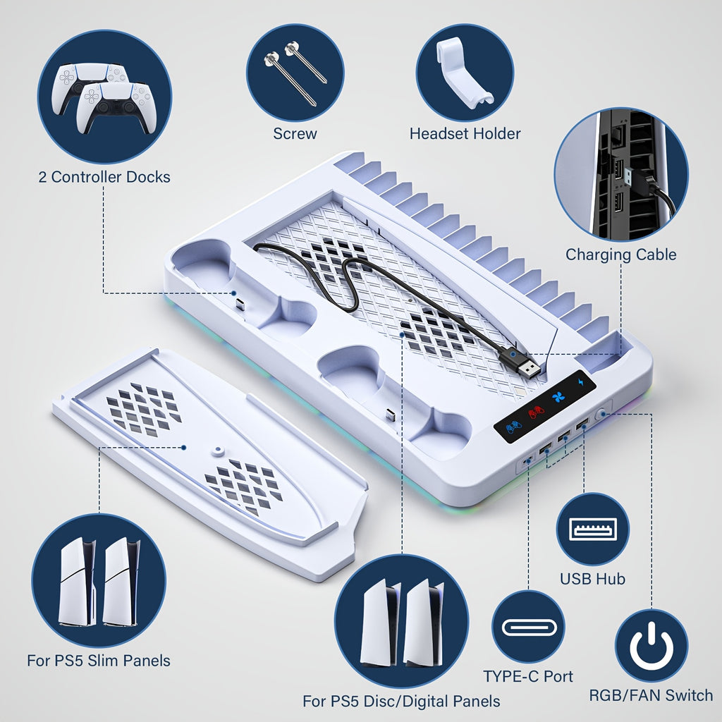 Cooling Station for PS5/Slim, Cooling Stand with LED Light, Dual Charging Station Compatible with Controller, Headset And Remote Holders, 16 Game Slots(NOT Compatible with PS5 Pro) - Christmas Gifts