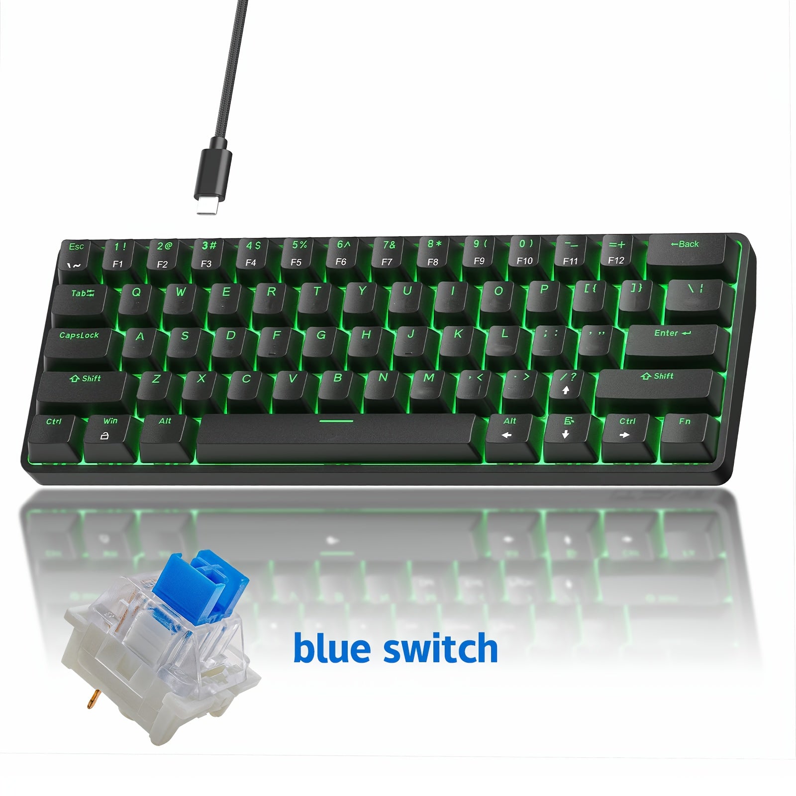 Hot Swappable Blue Switch Red Shaft 61-Key Mechanical Wired 60% Mechanical Gaming Keyboard, RGB Backlight Keyboard, Portable Mini Keyboard, Suitable for Windows Laptop, Cyan Axis