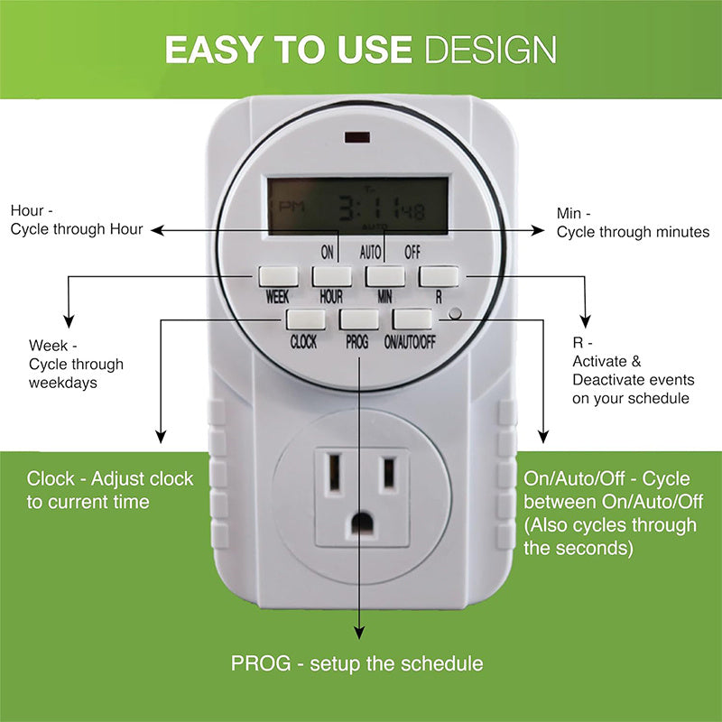 1Pc 7 Day Heavy Duty Digital Programmable Timer - Two Outlet 24 Hour Digital Timer, Timing Solution for Hydroponics, 120V, 60Hz, Indoor, for Lamp Light Fan