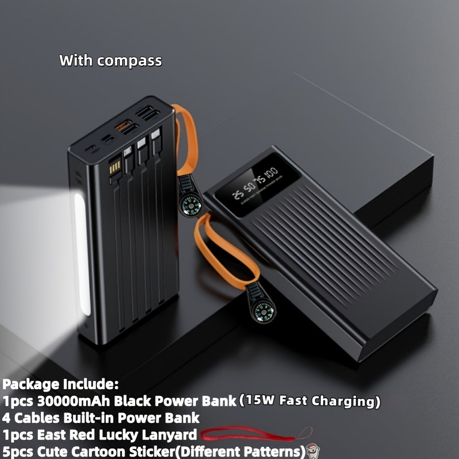 10000/20000/30000mAh Super Large Capacity Portable 5W Slow Charging/15W Fast Charging Power Bank, High Appearance Business Minimalist Style, Build With 4 Cables, 4 Modes Ultra-bright Camping Lights, Travle Must Have, For Iphone Android