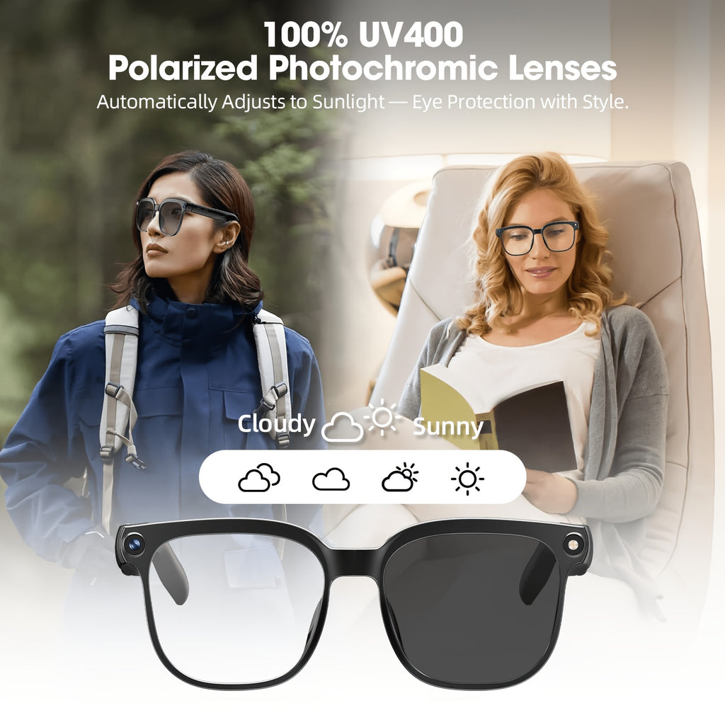 Smart Camera Glasses, 8MP HD Video Recording Glasses (with Audio Function), Wireless Camera With Photochromic Lenses, Real-time Translation, Voice Assistant, Object Recognition, Hands-free Music And Calls.