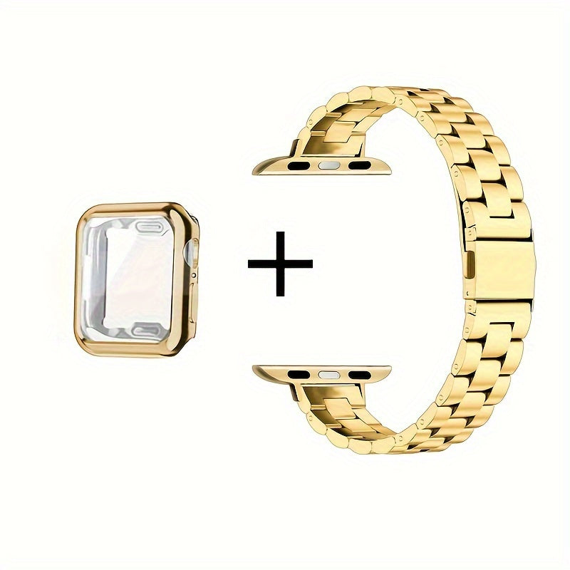 14 Three-Piece Steel Bands + Half Shell, a Set of 2 Small Waist Steel Bands + Half Shell Suitable for Apple for iWatch Series 38mm 40mm 41mm 42mm 44mm 45mm 49mm. High-Quality Metal Bands in Golden And Silvery for Apple Watch 2 1 S9 8 7 6 5 4 3 2 1, Replac