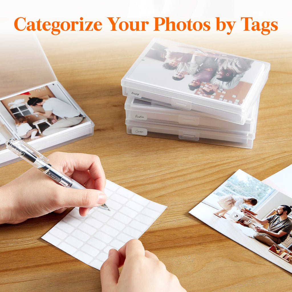 Photo Storage Box 4x6 Photo Case, 14 Inner Photo Keeper, Clear Photo Boxes Storage with 1 Sheet Label Sticker, Plastic Craft Storage Box with lids for Cards Pictures Stamps Office Supplies
