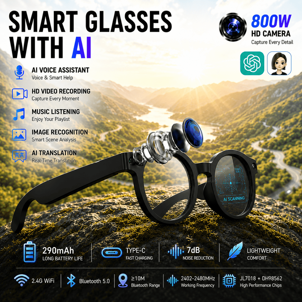 AI Smart Glasses Camera 8MP HD Video Recording Glasses with Audio, Real-Time Translation, Bluetooth Call & Music, AI Object Recognition, Touch Control, Wearable Camera Glasses for Men Women Travel Outdoor