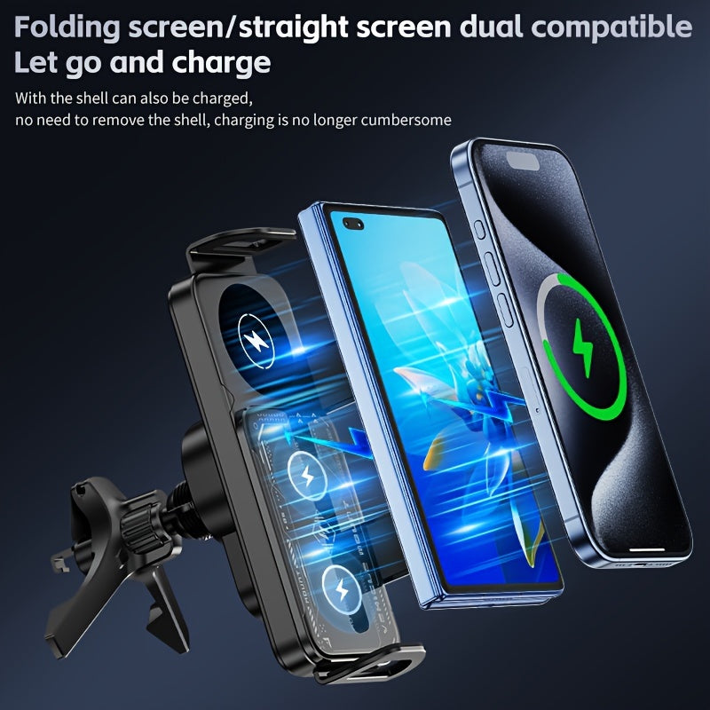 2025 New Car Holder Folding Screen Mobile Phone/tablet Holder 15W Wireless Fast Charging Two-in-one Automatic Rotating Magnetic Mobile Phone Holder Car Air Outlet Holder Suitable for Folding Screen Hands Samsung Galaxy ZFold6/5/4/3 Galaxy ZFold/notes