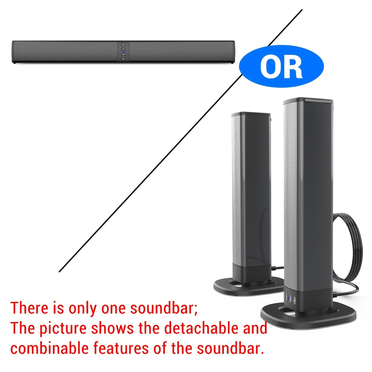 Wireless Sound Bar for Smart TV, Surround Soundbar with Bluetooth/RCA/AUX Connect, Volume Control, 2in 1 Detachable Soundbar for TV/PC/Gaming/Projectors