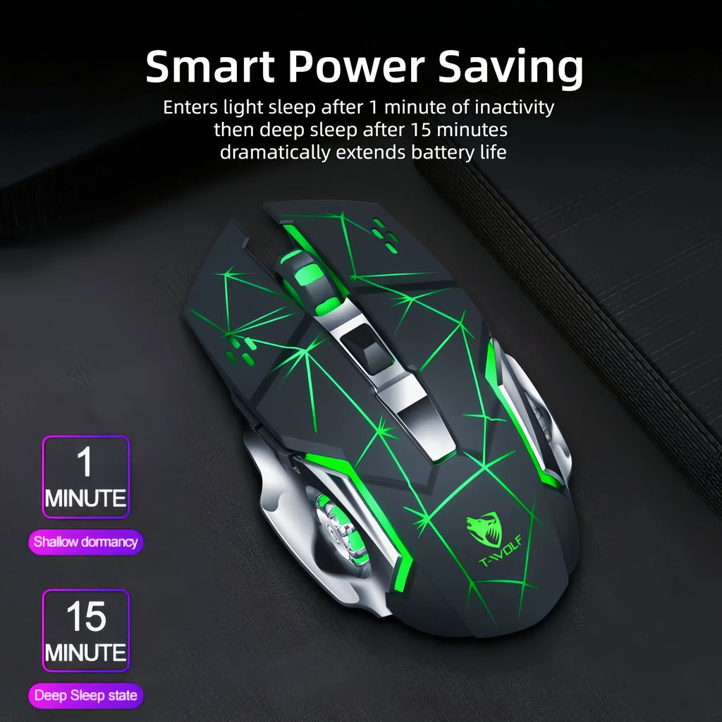 RGB Wireless Gaming Mouse - T-WOLF Rechargeable BT5.0 + 2.4G Dual-Mode Mouse, Silent 6-Button Full-Size Ergonomic Comfort for Extended Work & Gaming, Computer & Gaming Accessories, Cool RGB Desk Setup, Back to School Gift
