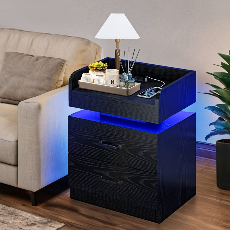 Modern LED Bedside Table with Charging Station, Wooden Bedside Table with Fabric Drawers And Blue LED Lighting, Stylish Bedroom Or Living Room End Table, Ambient Lighting Furniture with Fashionable Design And Multifunctional Drawer Design Gifts.
