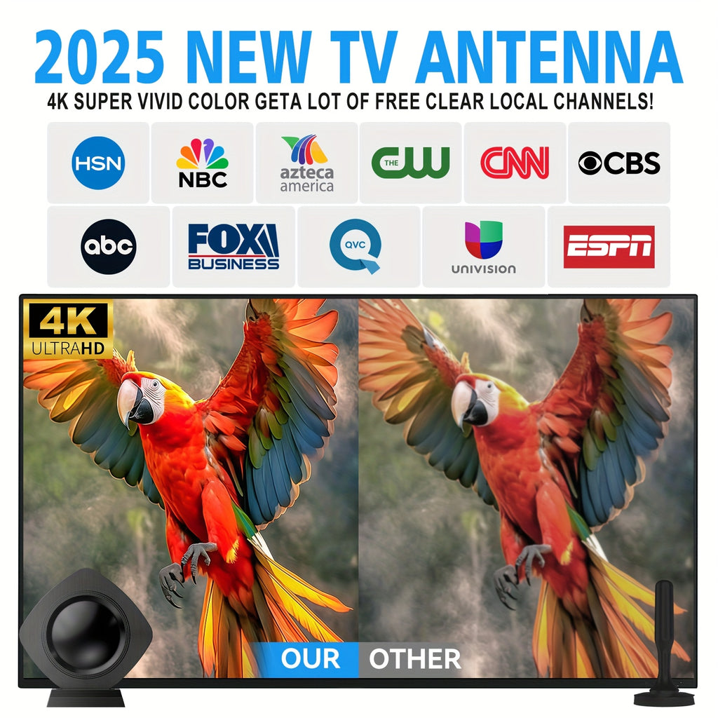 Ultra High Definition Digital TV Antenna with 360° Signal Reception, Capable of Receiving Signals from Up to 200 Kilometers Away. This Compact And Portable Indoor Antenna Is Amplified for High-Definition Viewing on for Smart Tvs