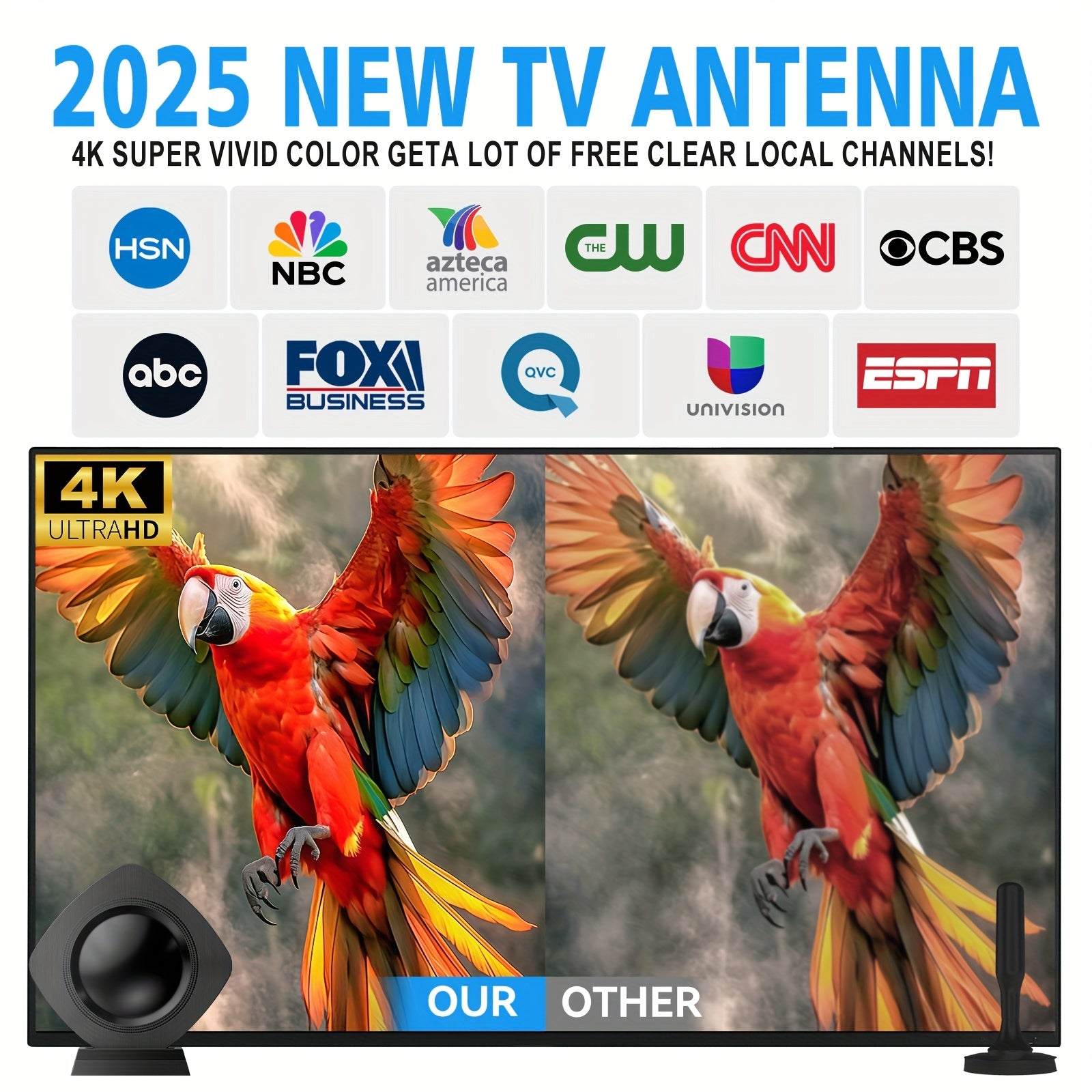Ultra High Definition Digital TV Antenna with 360° Signal Reception, Capable of Receiving Signals from Up to 200 Kilometers Away. This Compact And Portable Indoor Antenna Is Amplified for High-Definition Viewing on for Smart Tvs