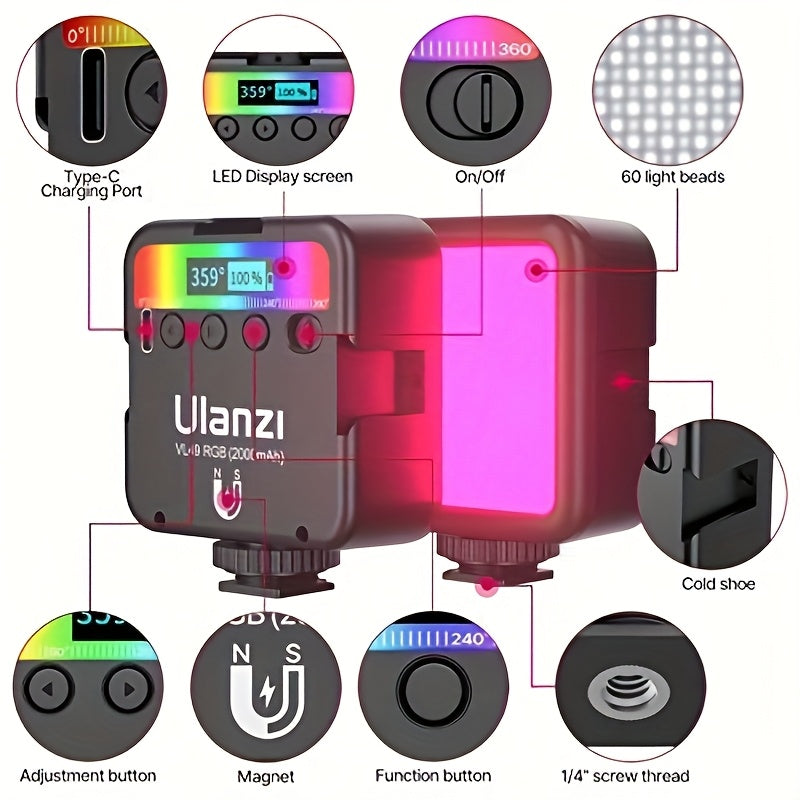 ULANZI VL49 RGB Video Light, 360° Full Color LED Camera Light Panel with 3 Cold Shoe Mount, 2000mAh Rechargeable, Dimmable Photography Lighting, Magnetic Attachment, for Portrait Studio Content Creation