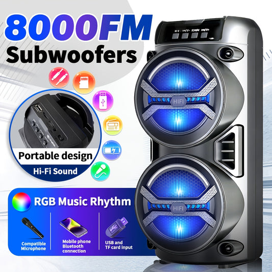 8000FM Subwoofer Outdoor Bluetooth Speaker, Portable Wireless Speaker, Built-in Rechargeable Battery, Dual Bass Drivers for Powerful Deep Bass Stereo, Supports Bluetooth/TWS/USB/AUX/TF Playback, High-volume Party Sound, Suitable for Indoor Dances