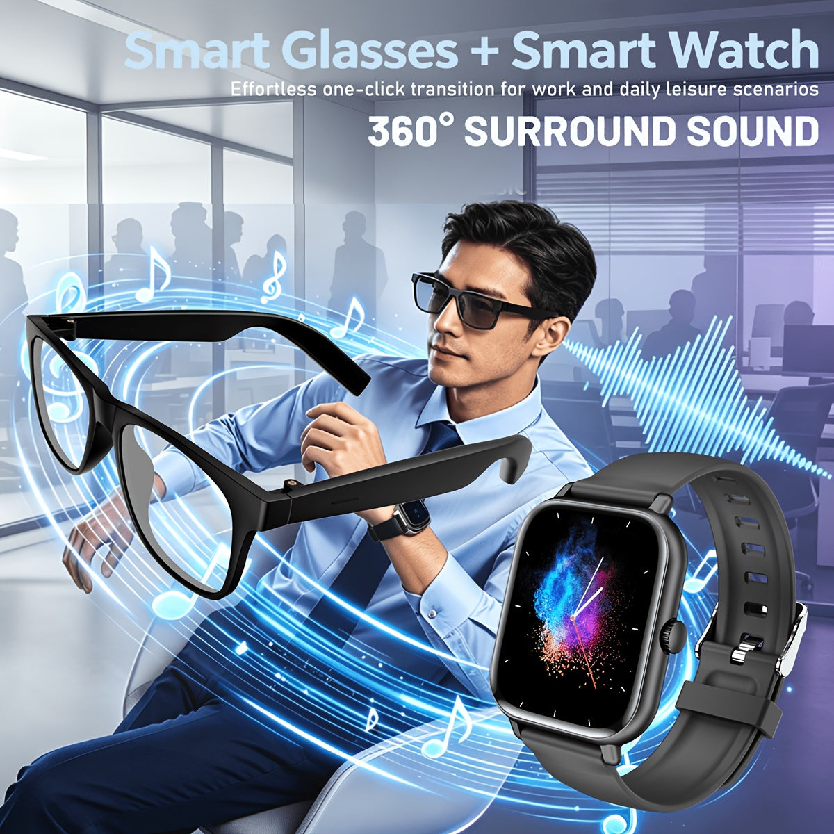 [Smart Watch & Glasses] 2026Ai New Full-Touch Smart Watch And AI Translation Smart Glasses Set, Real-Time Online Translation in Multiple Languages And Photo Translation at Your Fingertips. Built-In Microphone And Speaker, Supports Calling And Music Playba