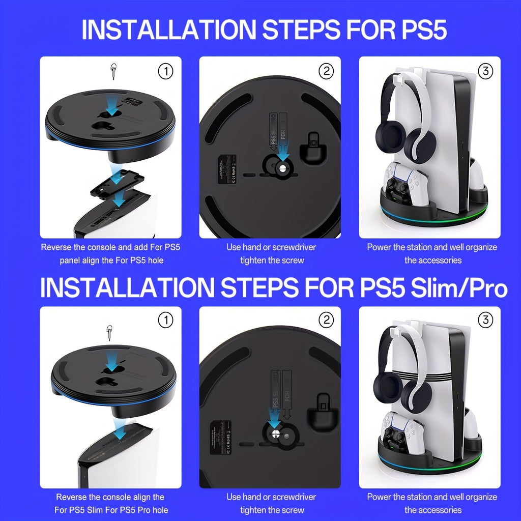 For PS5 Slim for PS5 Pro for PS5 Stand Console, Fast Charging Station Compatible with for PS5 Controllers with Adjustable RGB Light, Charging Station for All for PS5 Console