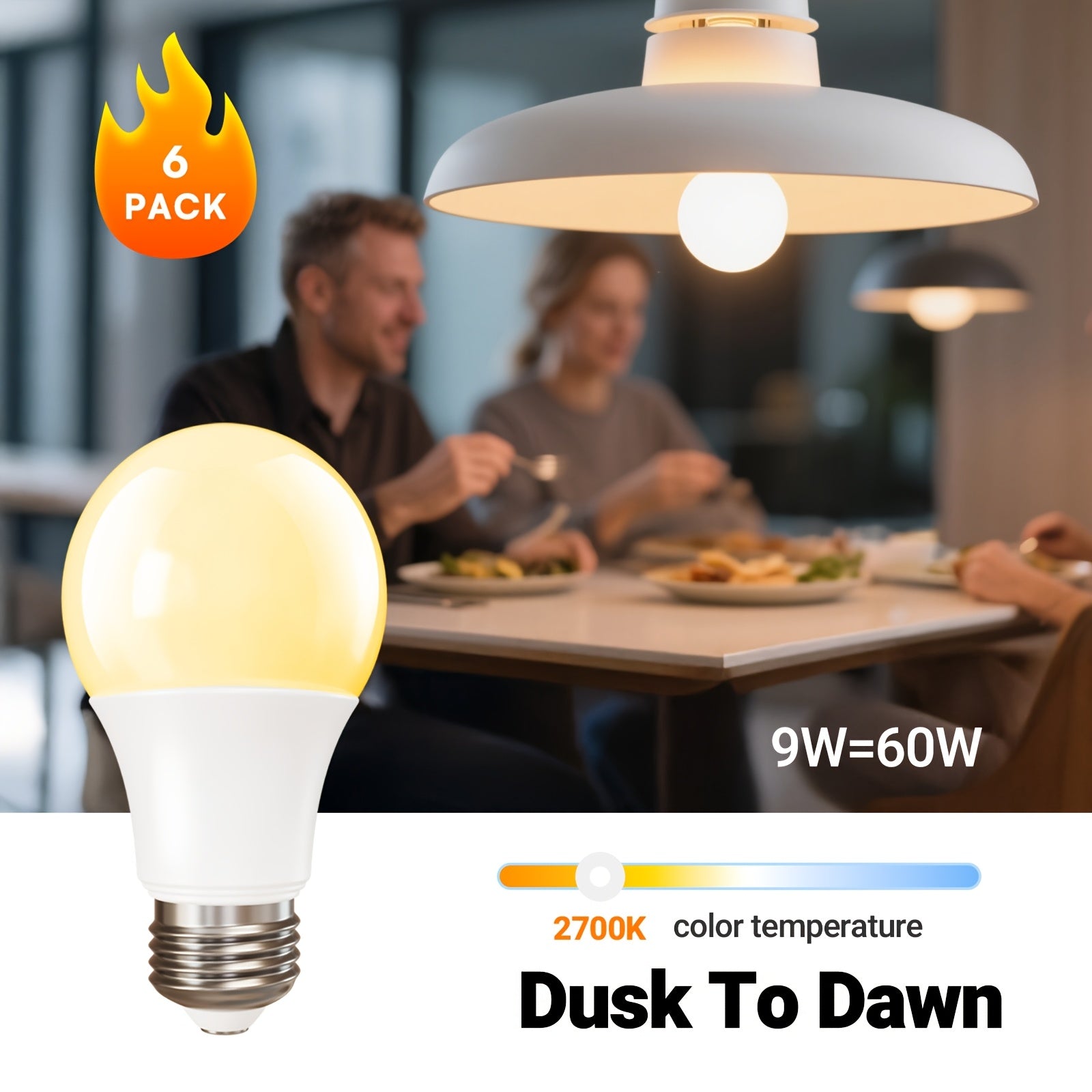 12/6Pack Dusk to Dawn Bulb, Light Sensor LED Bulb, Automatic On/off Photovoltaic Cell Bulb, 60W Equivalent, 9W, 5000K/2700k, E26 Base.