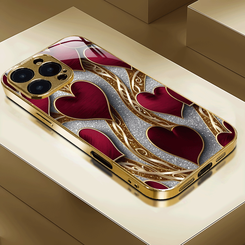Phone Case - Mobile Cover: Luxurious Red And Golden Heart Design, Stylish And Innovative Look, Chic Instagram Aesthetic, Lightweight, Cutting-Edge, Compatible with for Iphone 16, 15 Pro, 15 Pro Max, 14 Plus, 13, 12
