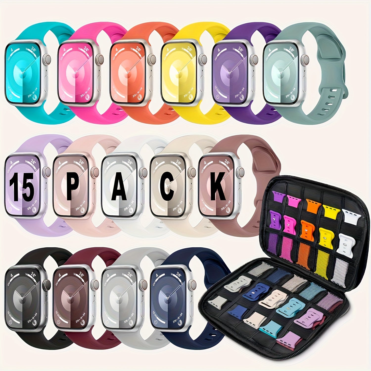 15pcs of Sports Watch Straps That Fit Apple Watch Sizes 44Mm, 45Mm, 46Mm, 49Mm, 42Mm, 41Mm, And 38Mm, Suitable for Both Men And Women. These Soft Silicone Bands Are Designed for Iwatch Series 10, 9, 8, 7, 6, SE, 5, 4, 3, 2, And 1