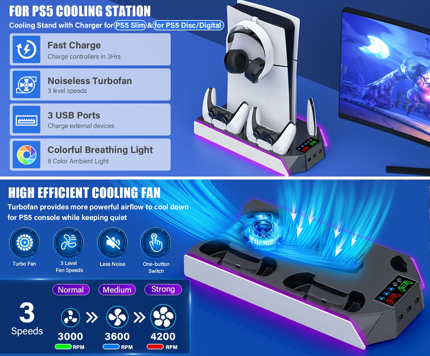 for PS5/Slim/Pro Stand Disc & Digital Console, RGB Cooling & Charging Station with 3-Level Fan, Controller Charger for PS5 Controller, Accessories with 3 USB Ports/Cooling Fan/Headset Holder