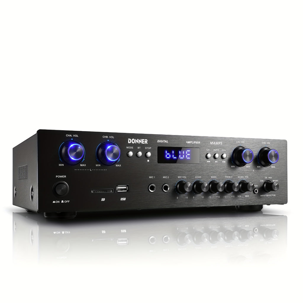 [Home Stereo Receiver] Donner 5.0 Stereo Audio Amplifier Receiver, 4 Channel Home Stereo Receiver Speaker With Accessories USB, SD, FM, 2 Mic In Echo, RCA, LED, Speaker For Home Sound System