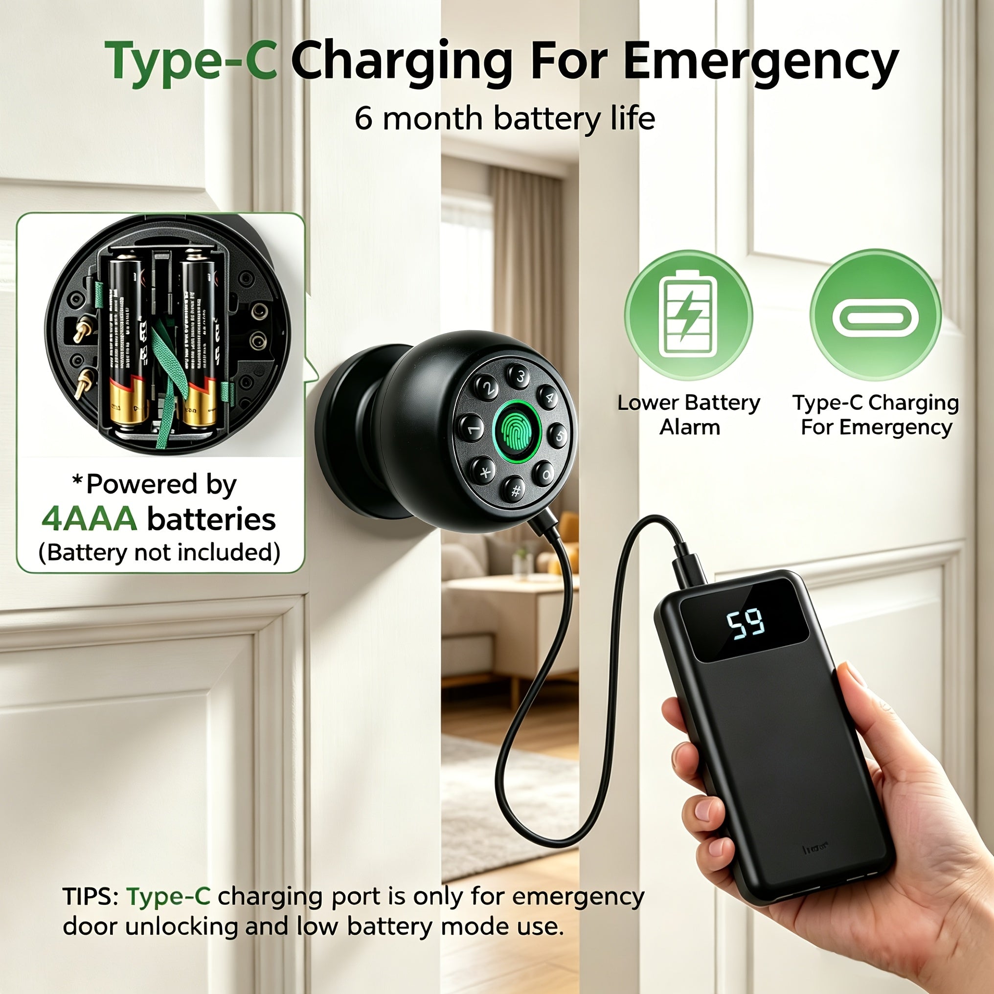 Fingerprint Door Lock, Smart Fingerprint Door Knob with Keypad, Biometric Door Lock with App Control, Auto Lock Door Lock with Code, Keyless Door Knob with Lock for Bedroom, Home, Office-Matte Black