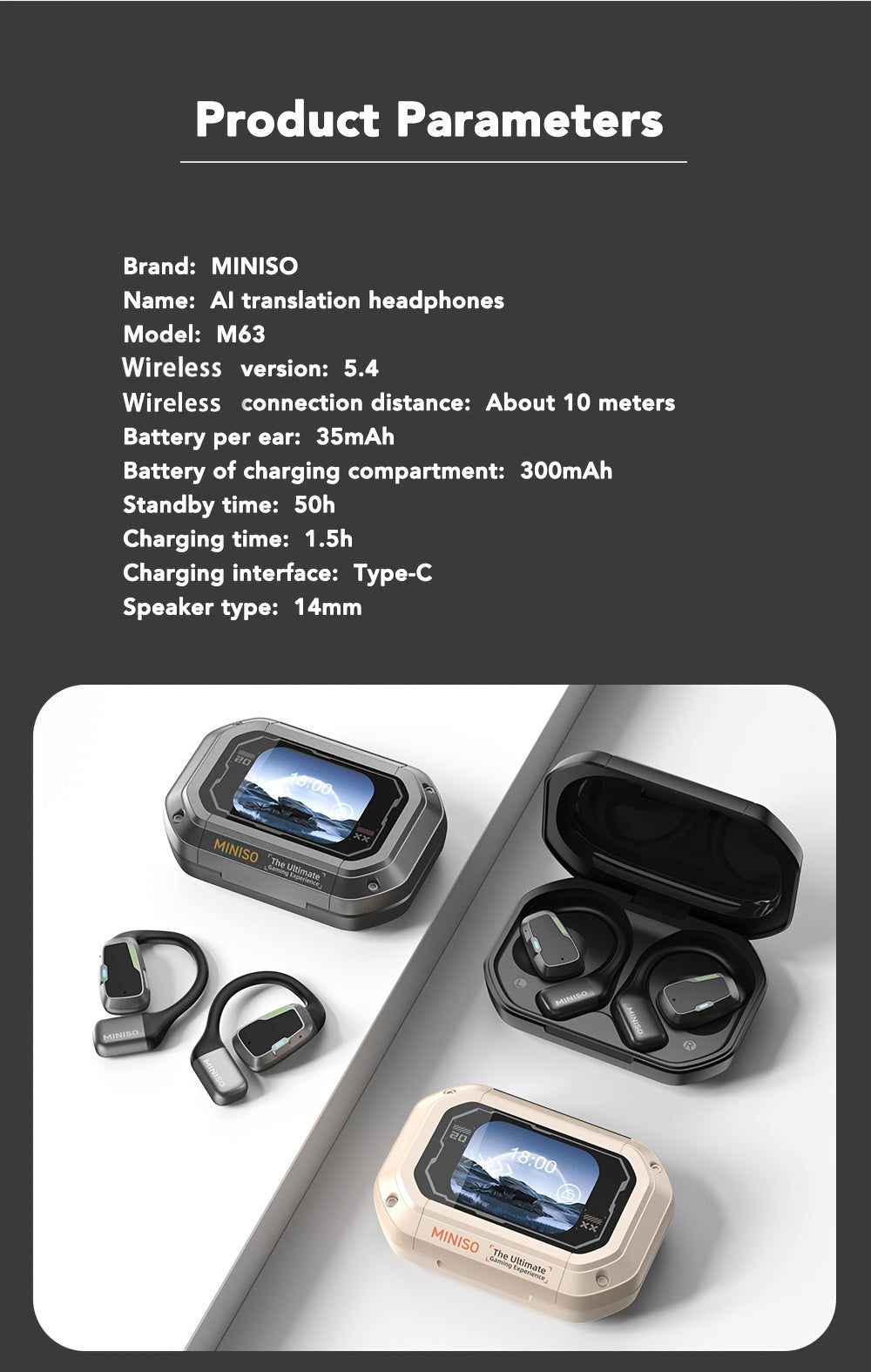 MINISO M98 AI Translation Wireless Earbuds Feature Open-Ear Design And Support for 135 Languages with Real-Time Translation. These Headphones Come with a Full-Color Display, Touch Screen, And Gaming Headset Capabilities