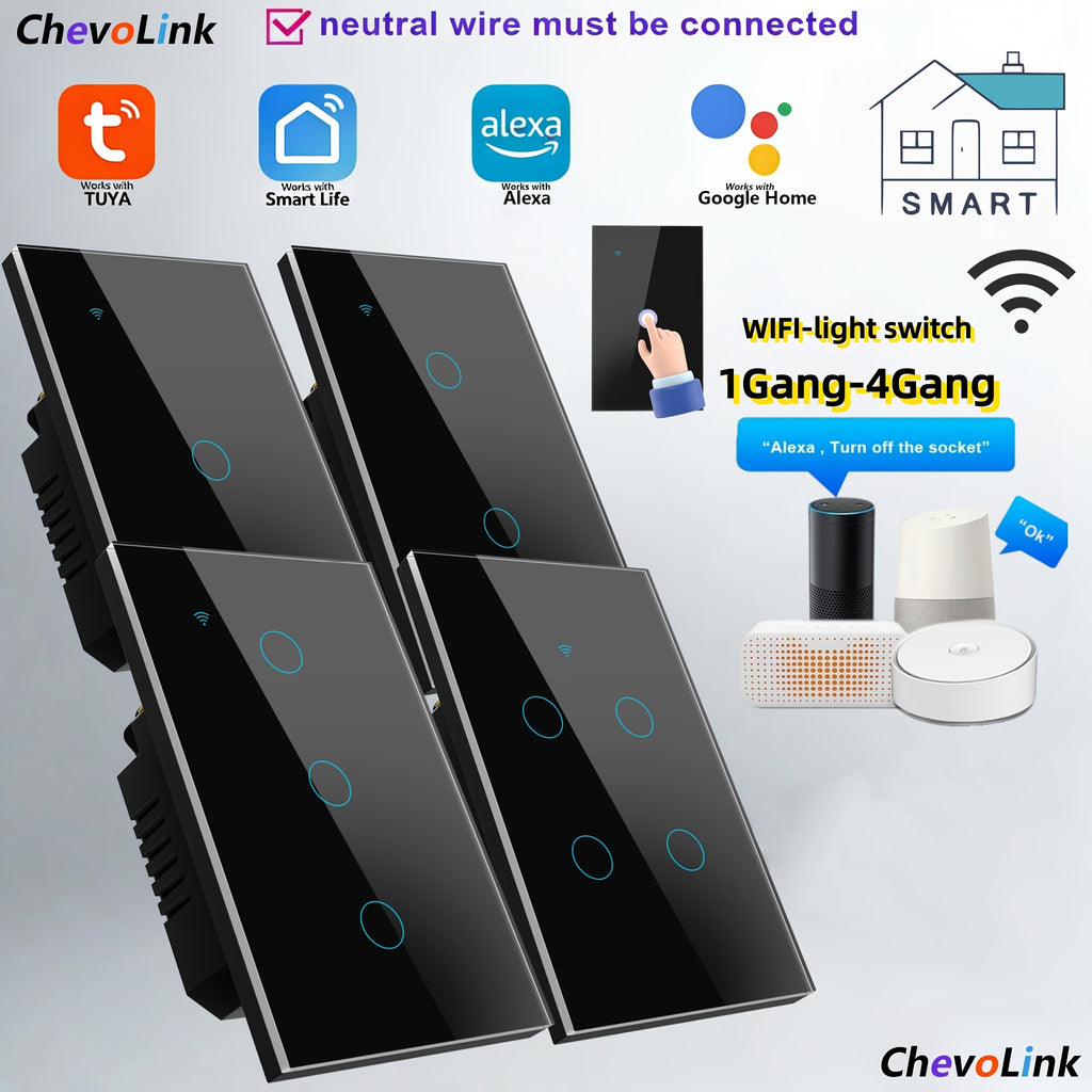 Black Smart Switches for Lights/US Standard Supports Mobile APP Control Alexa Google Voice ControlTempered Glass Panel 1/2/3/4 Channels 100-240V 50Hz/60Hz Requires Neutral Wire Connection