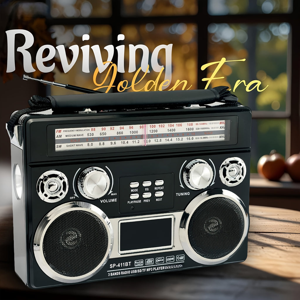 Portable 3-Band Radio with Wireless, Solar Panel, And LED Flashlight, Retro Wireless Speaker, AM/FM/SW Receiver with MP3 Playback, Telescopic Antenna, High Sensitivity, with Leather Handle, AUX/TF/SD, Ideal for Camping