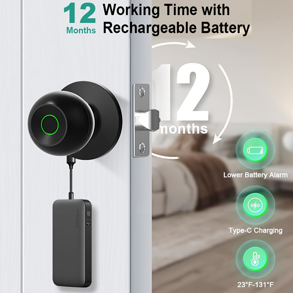Smart Door Knob, Fingerprint/APP/Physical Key, Entrance Mode/Passage Mode/Privacy Mode, Rechargeable Lithium Battery