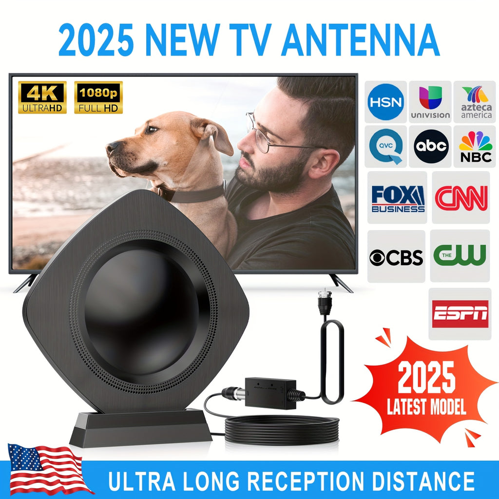 Ultra High Definition Digital TV Antenna with 360° Signal Reception, Capable of Receiving Signals from Up to 200 Kilometers Away. This Compact And Portable Indoor Antenna Is Amplified for High-Definition Viewing on for Smart Tvs