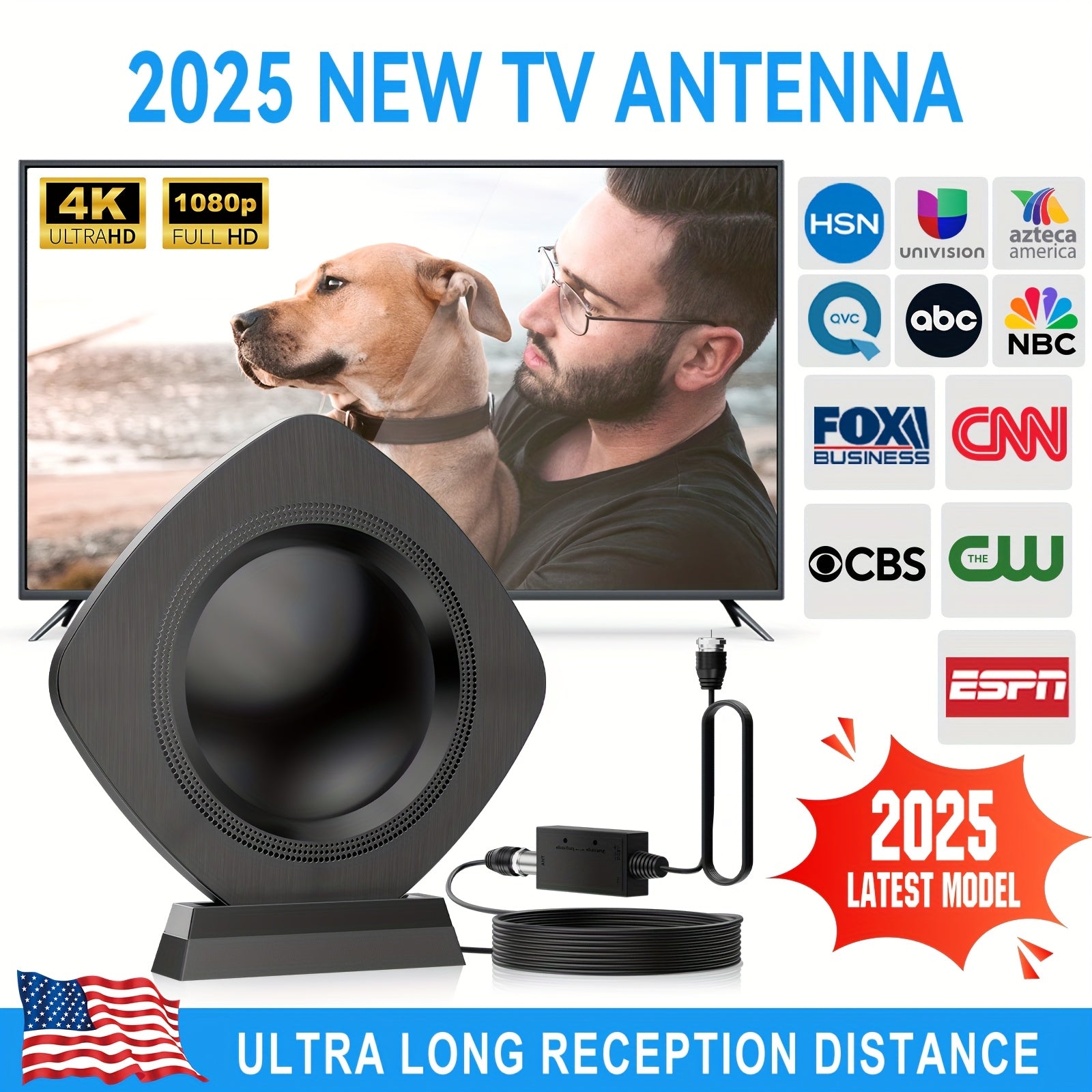 Ultra High Definition Digital TV Antenna with 360° Signal Reception, Capable of Receiving Signals from Up to 200 Kilometers Away. This Compact And Portable Indoor Antenna Is Amplified for High-Definition Viewing on for Smart Tvs