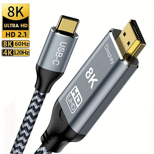 USB C to HDTV 2.1 Cable [8K@60Hz, 4K@144Hz] Aluminum Type-C to HDTV Braided Cord, Thunderbolt 4/3 Compatible with 48Gbps/HDCP2.3/HDR Support for Laptop Tablet Galaxy S24