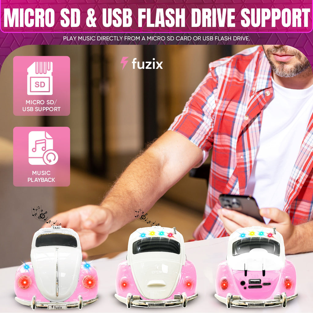 Fuzix WS-1958 Car Bluetooth Portable Speaker, Retro Car-Style Wireless Stereo Speaker with LED Headlights and Taillights, AUX/USB/TF/FM Radio Support, Rechargeable Battery, Clear and Powerful Sound Quality, Multiple Playback Modes, High-Quality Festival G