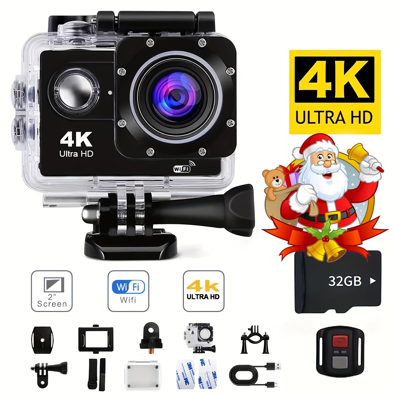 4K WIFI Action Camera: Unleash Your Visual Creativity with 170° Ultra-Wide Angle, Crisp 2" Display, And Ample 32GB Memory. Paired with A Remote Control Accessory Kit for Ultimate Convenience. Father's Day Gift, Capture And Share Unforgettable Moments!