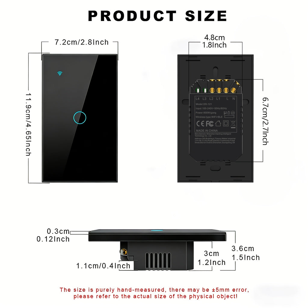 Black Smart Switches for Lights/US Standard Supports Mobile APP Control Alexa Google Voice ControlTempered Glass Panel 1/2/3/4 Channels 100-240V 50Hz/60Hz Requires Neutral Wire Connection