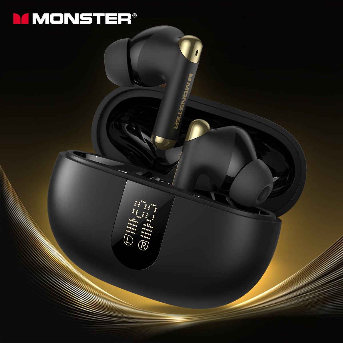 Monster Wireless Earbuds, Stereo Headphones With Noise-Cancelling Mic And LED Display, Built-in Mic For Clear Calls, Wireless Ear Buds For Sports