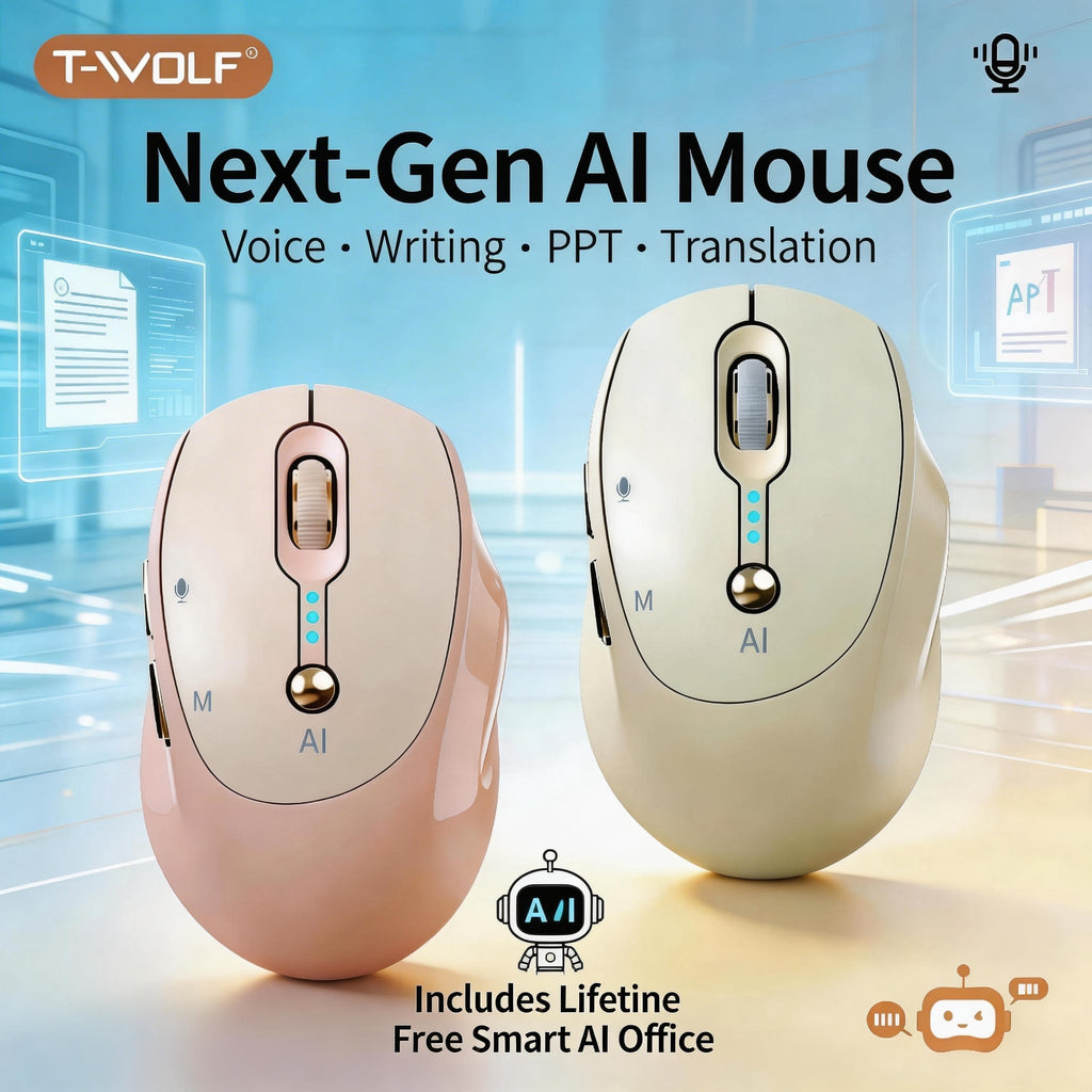 Next-Gen AI Voice Wireless Mouse, Includes Smart AI Office Assistant, One-Click Voice-to-Text Input, Multi-Language Real-Time Translation, AI Writing & PPT Creation, T-WOLF Silent Wireless + 2.4G Dual Mode, Rechargeable With Battery Display