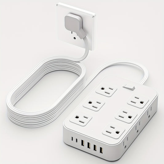 Multifunctional Surge Protector Power Strip, 12 Widely Distributed AC Outlets, 6 USB Charging Ports (4 USB A & 2 USB C)for Efficient Charging, Safe and Portable, Desktop Charging Station, Ideal for Home, Dorm, Office, and Travel Essentials