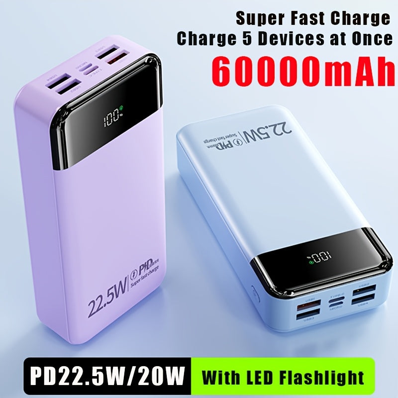 60000mAh Large-capacity Portable Power Bank, 22.5W Fast Charging Equipped with Light/LED Power Display, Suitable for Charging Android Electronics/mobile Phones And Other Equipment, Outdoor Travel/Camping Removable Emergency Power Supply Device