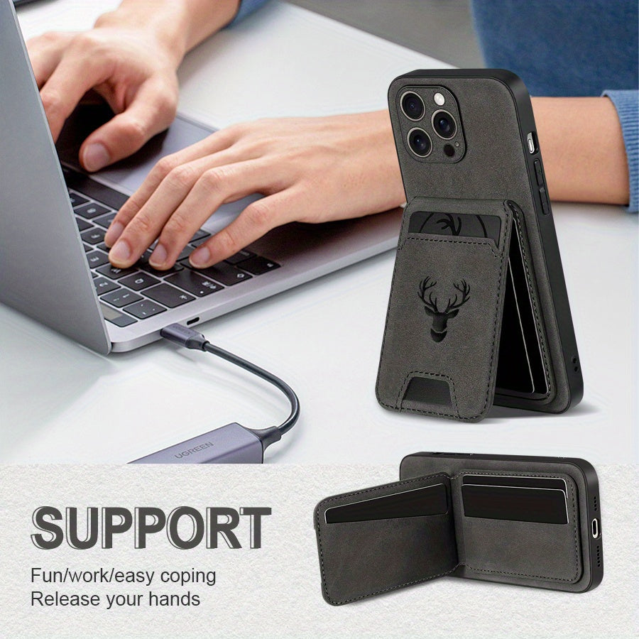 Wallet Phone Case Compatible with iPhone 16E/ 16promax/ 15plus/ 14pro/ 13promax/ 12/ 11, Luxury PU Leather, Card Holder and Stand, Moose