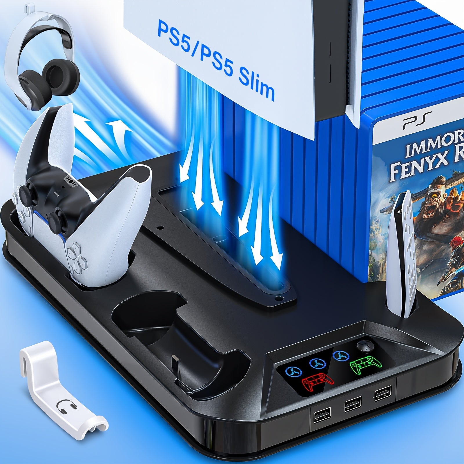 Cooling Stand with Auto Turbofan & 3-Level Speeds for PS5/ for Ps5 Slim/ for Ps5 Pro, Cooling Fan Station with Controller Charger, Charging Station for All Playstation 5 Console, Christmas Gift