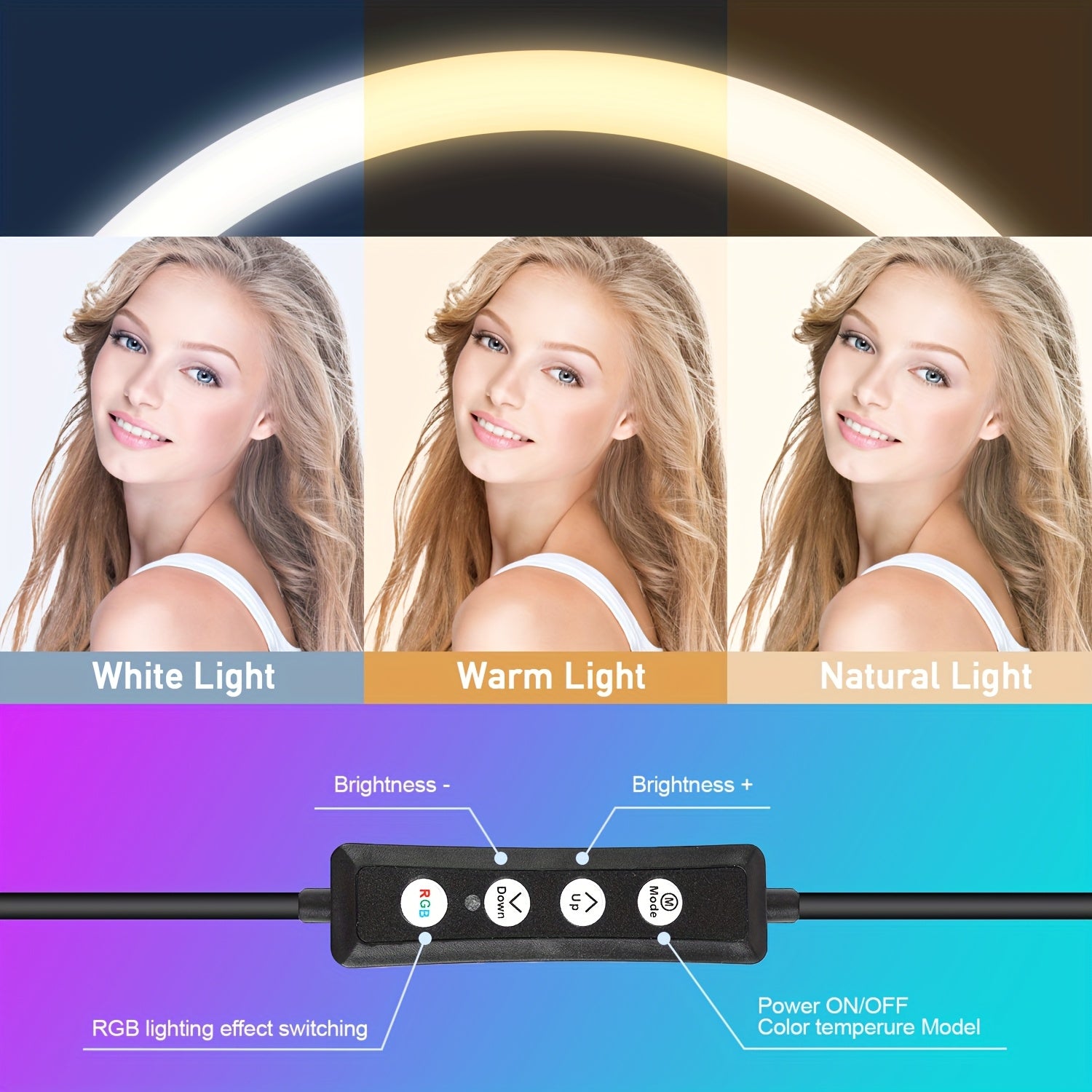 UEGOGO 12" Adjustable Ring Light with 63" Adjustable Tripod, Dimmable RGB LED, USB Power, Control, Selfie And  Lighting, with Phone Stand And Gimbal Clamp, Portable And Durable, for Makeup, Live Streaming