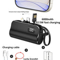 6000mAh Compact Power Bank, LCD Digital Display Battery Pack, Includes Charging Head and 22.5W Fast Charging Cable, Suitable for iPhone and USB-C Phones