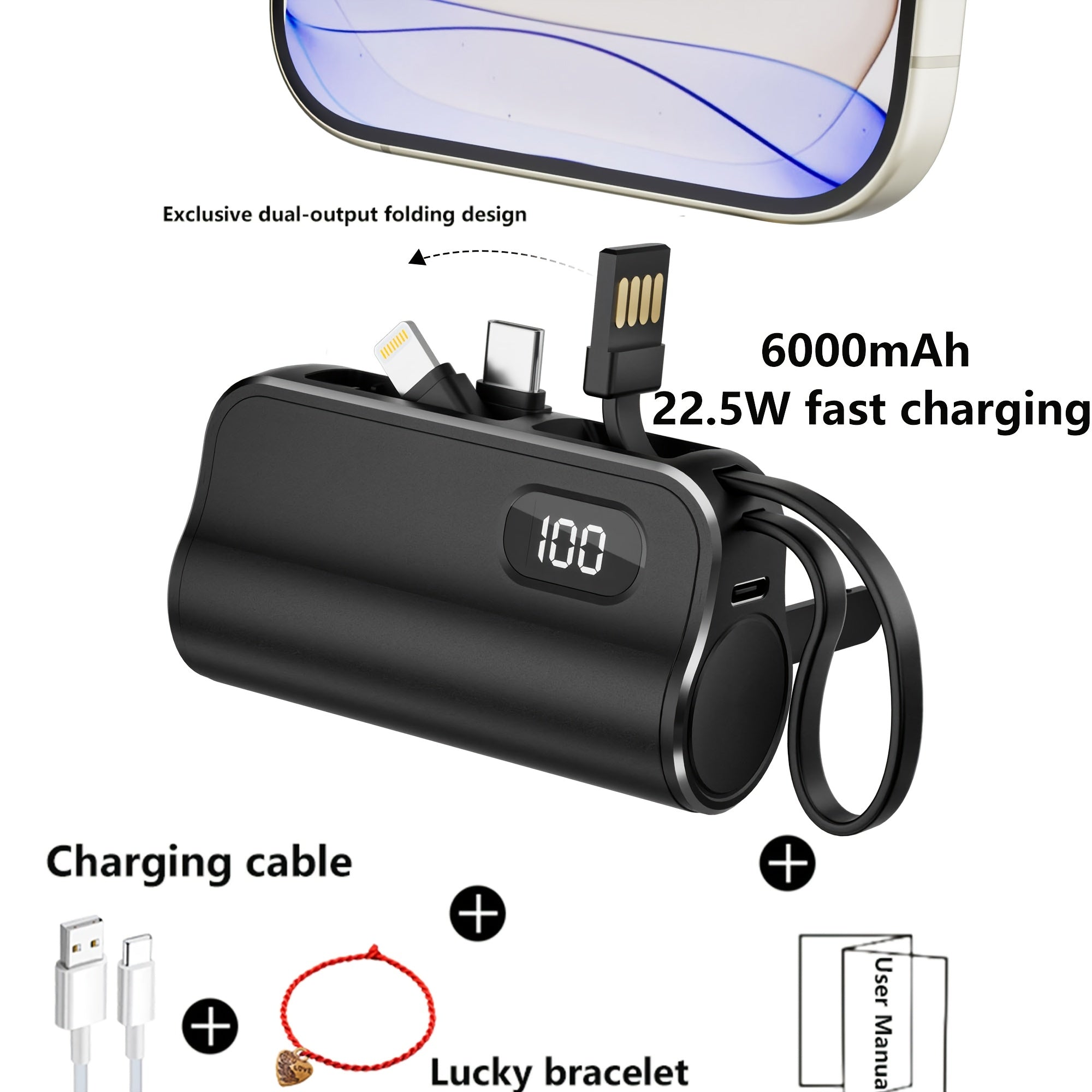 6000mAh Compact Power Bank, LCD Digital Display Battery Pack, Includes Charging Head and 22.5W Fast Charging Cable, Suitable for iPhone and USB-C Phones