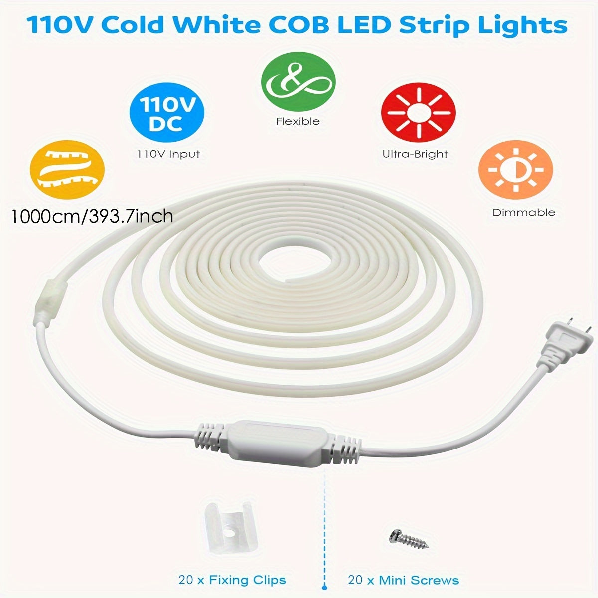393.7inch COB LED Strip Lights for Outdoor, LED Rope Lights, 110V Connectable LED Flexible COB Light for Indoor Ceiling Kitchen Cabinet Closet