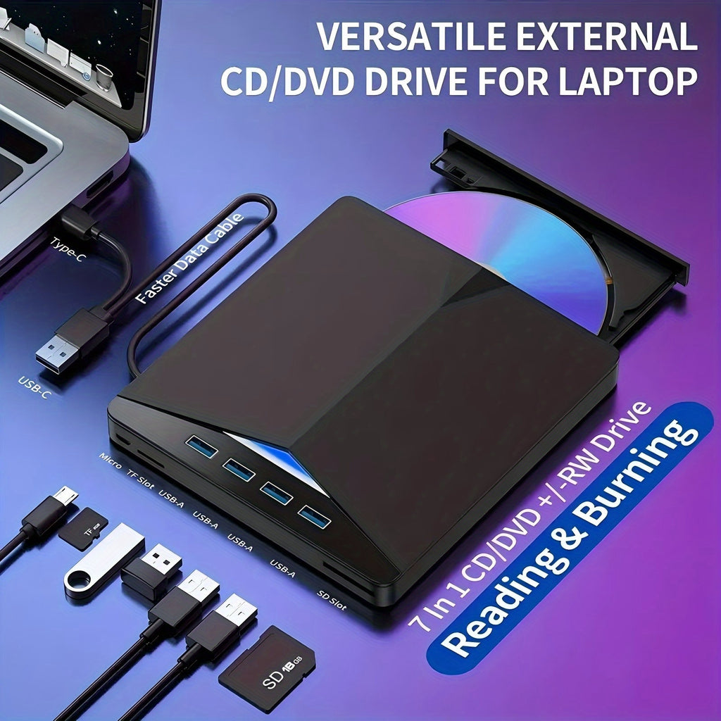 7-in-1 USB- External DVD Drive with 4 USB Ports & Dual TF/Sd Card Reader - High-Speed CD/DVD Burner Suitable for Laptops, Macs, PCs, Compatible for Windows 11/10/8/7, Linux, for, Office, Travel, USB- Operation