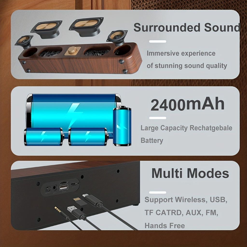 Retro Wood Color Bluetooth Speakers with Dual 2in Woofersm, 2 X 5W Wireless Sound Bar Speaker for Desktop, PC, Laptop, Tablet & Smartphone, Hands Free Call